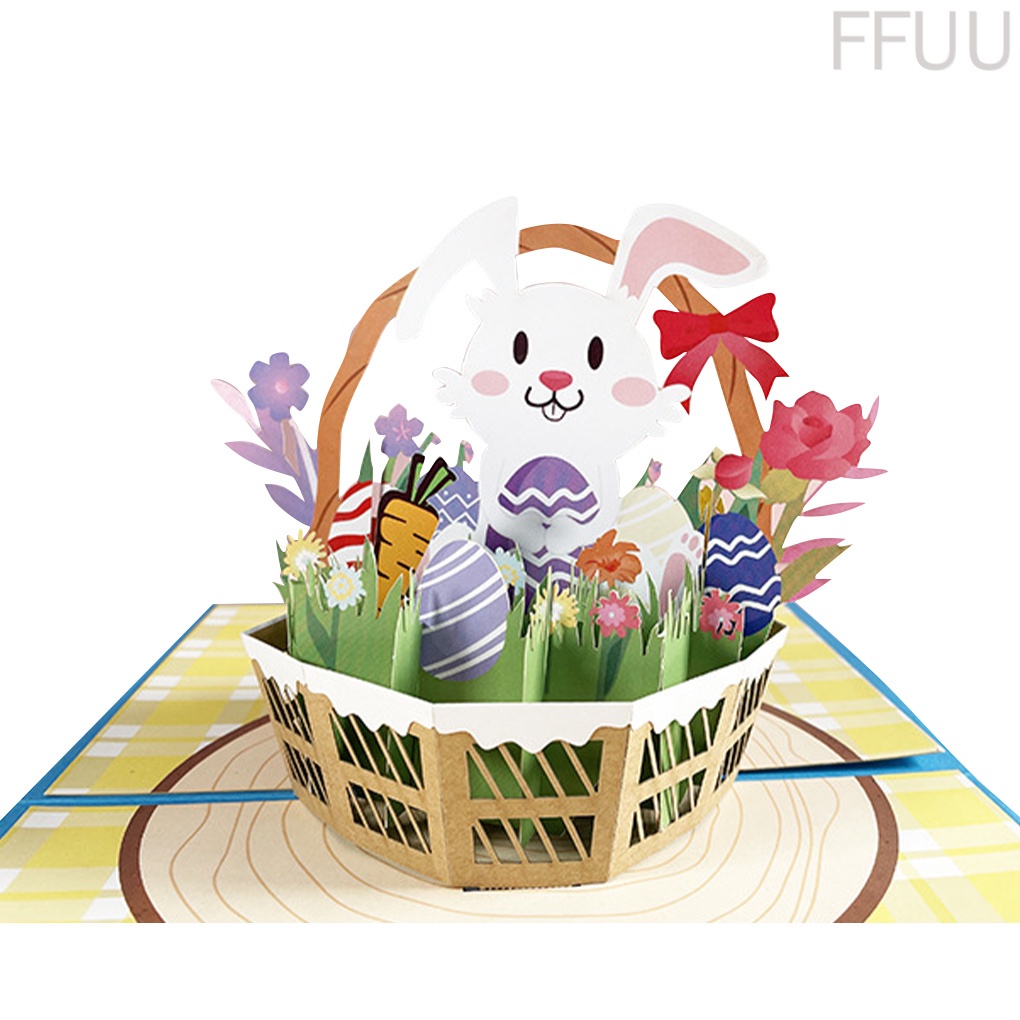 [ffuu]Card Easter 3D Pop-Up Animal Card Foldable Flower Basket Blessing Paper for Festival Decoration Gift