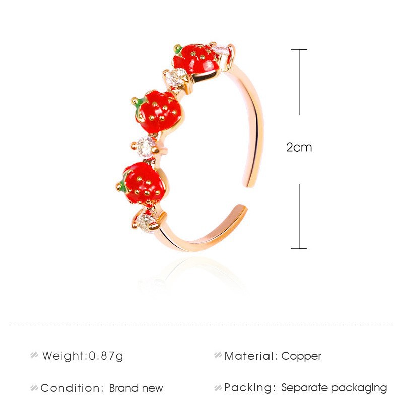 Nhẫn thời trang họa tiết trái dâu tây đỏ đính hạt kim cương Hàn Quốc