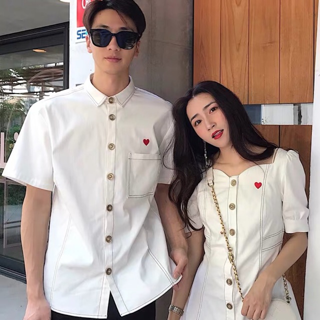 Set đồ đôi nam nữ váy+áo sơmi nam trắng