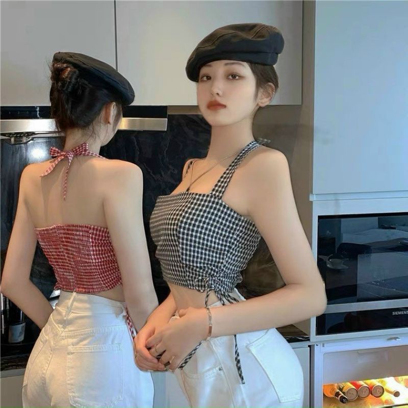 Áo dây yếm croptop vải kẻ caro - có mút ngực. mã A31