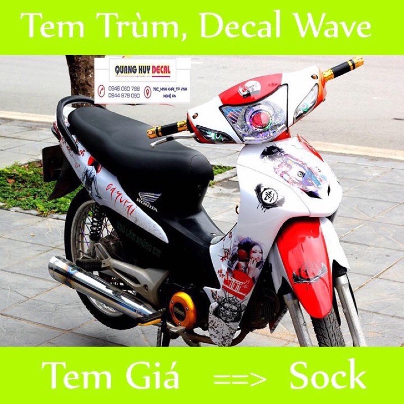 Tem trùm xe Wave alpha 100 samurai trắng đỏ