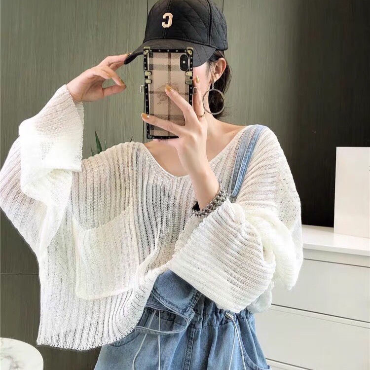 Jiashucheng Áo Sơ Mi Dệt Kim Tay Dài Cổ Chữ V Vải Lụa Lạnh Mỏng Chống Nắng Mùa Hè Phong Cách Mới Cho Nữ