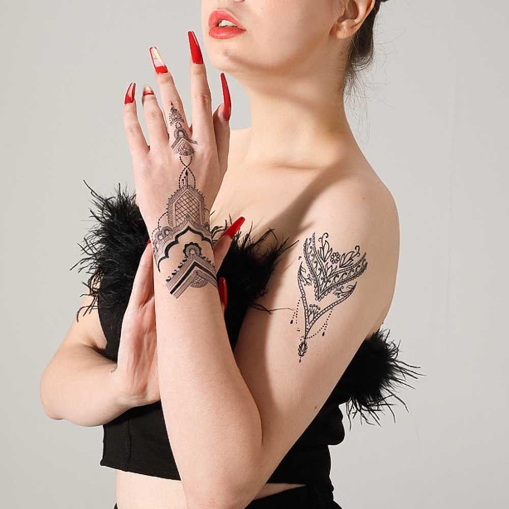 Hình Xăm Dán Họa Tiết Ren Hoa Trắng Đen Phong Cách Henna Độc Đáo