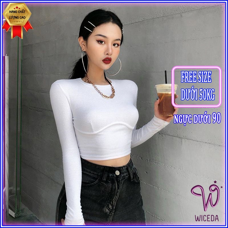 Áo croptop tay dài cổ tròn ôm body đẹp , áo thun kiểu xinh chất cotton 100% mềm mịn 2 màu đen trắng Wiceda CRT451