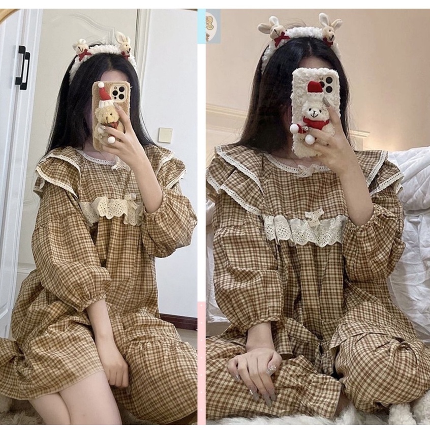 Set bộ cổ tròn sọc caro nâu tay dài quảng châu