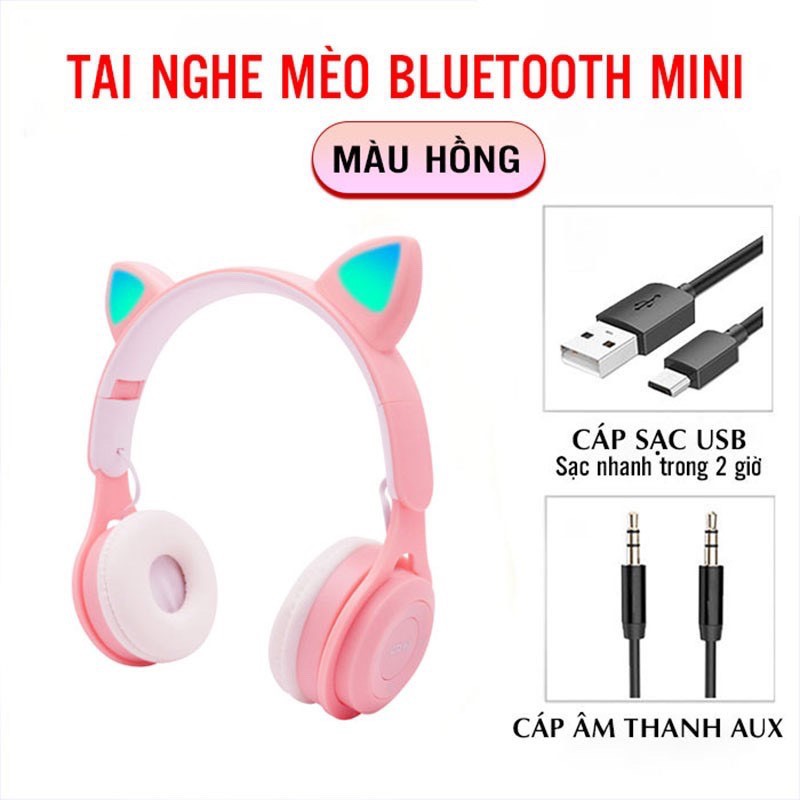 ai Nghe Mèo Bluetooth, Headphone Tai Mèo Dễ Thương Có Mic,Âm Bass Mạnh Mẽ