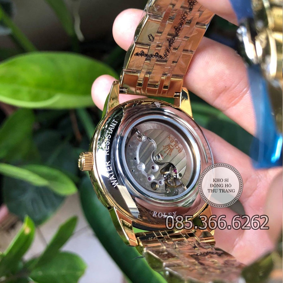 Đồng hồ nam Rolex cơ Automatic mẫu 3 kim mặt cắt vát kim cương xanh viền vàng size 40-41mm