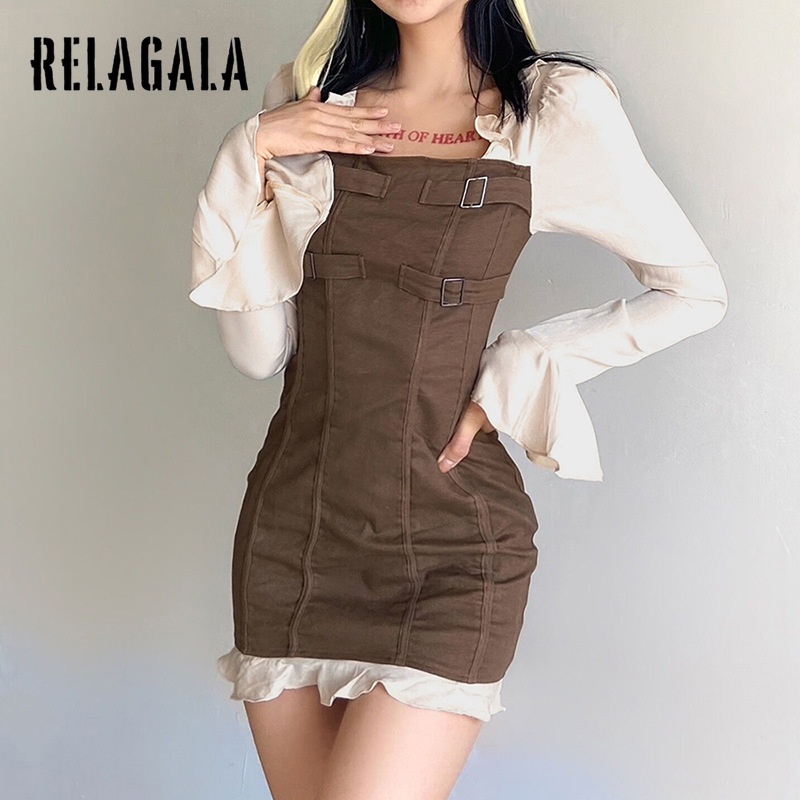 Đầm Relagala tay dài xếp nếp lưng cao ôm dáng màu trơn thời trang cho nữ