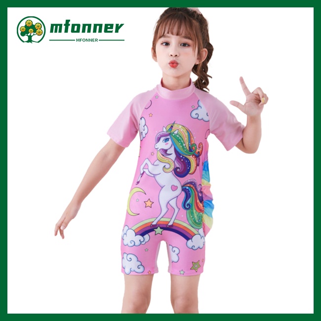 Bộ Đồ Bơi 2 Món Ngắn Tay Họa Tiết Kỳ Lân Hoạt Hình Cho Bé Gái