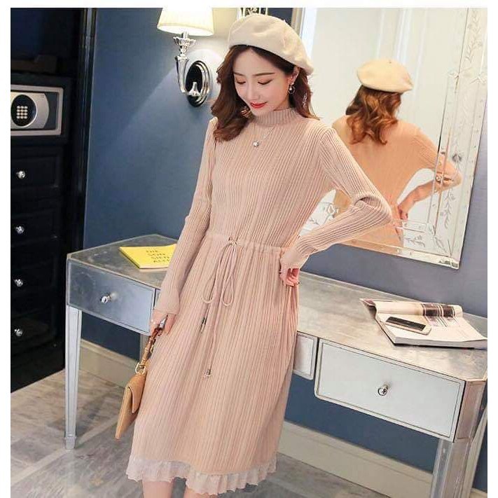 Đầm Bầu Thu Đông : Váy Len Maxi Kiểu Dáng Hàn Quốc Phối Ren Điều Chình Eo
