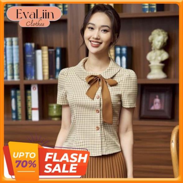 Áo sơ mi kẻ caro công sở nữ cổ bẻ cài nơ họa tiết kẻ ngắn tay áo sơ mi nữ EvaLiin