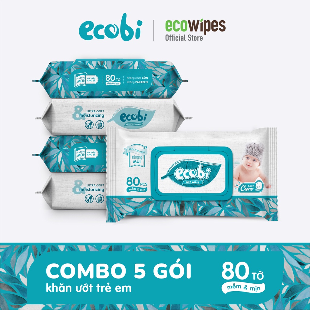 Combo 5 gói KHĂN ƯỚT EM BÉ ECOBI 80 tờ - Không mùi