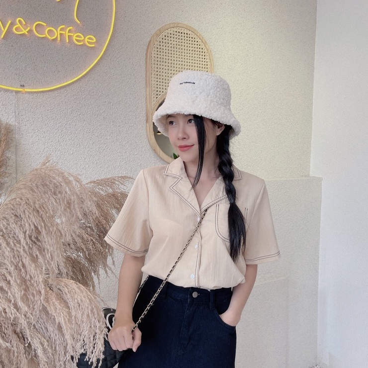 Áo sơ mi nữ tay ngắn FM Style form rộng vải cotton cao cấp họa tiết chỉ nổi ulzzang mang đi học đi làm 220323405