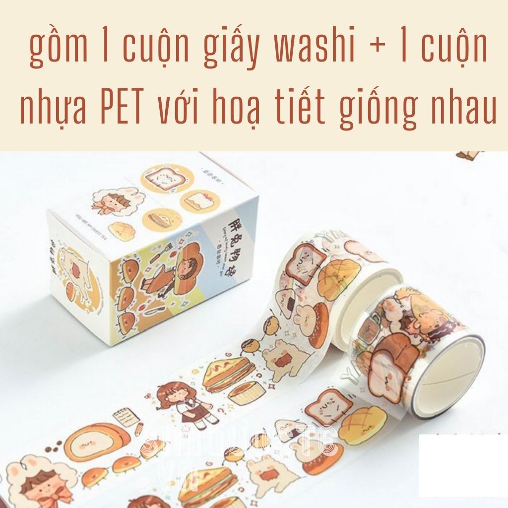 [1 cuộn giấy washi + 1 cuộn nhựa PET khổ to] Hộp 2 cuộn sticker bé gái hoạt hình dễ thương ST119