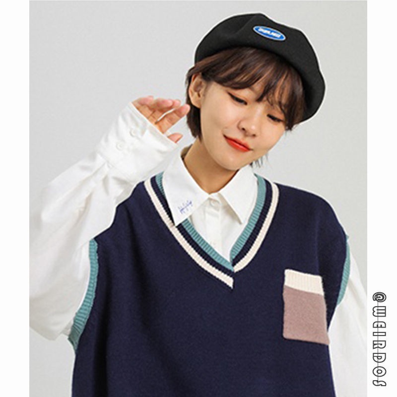 Áo len không tay phối màu tương phản phong cách vintage Nhật Bản