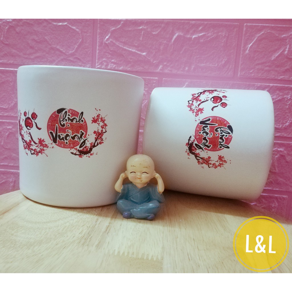 Chậu Decal BÌNH AN Trồng Cây Để Bàn - Chậu Sứ Bát Tràng trồng cây cảnh để bàn, cây trang trí