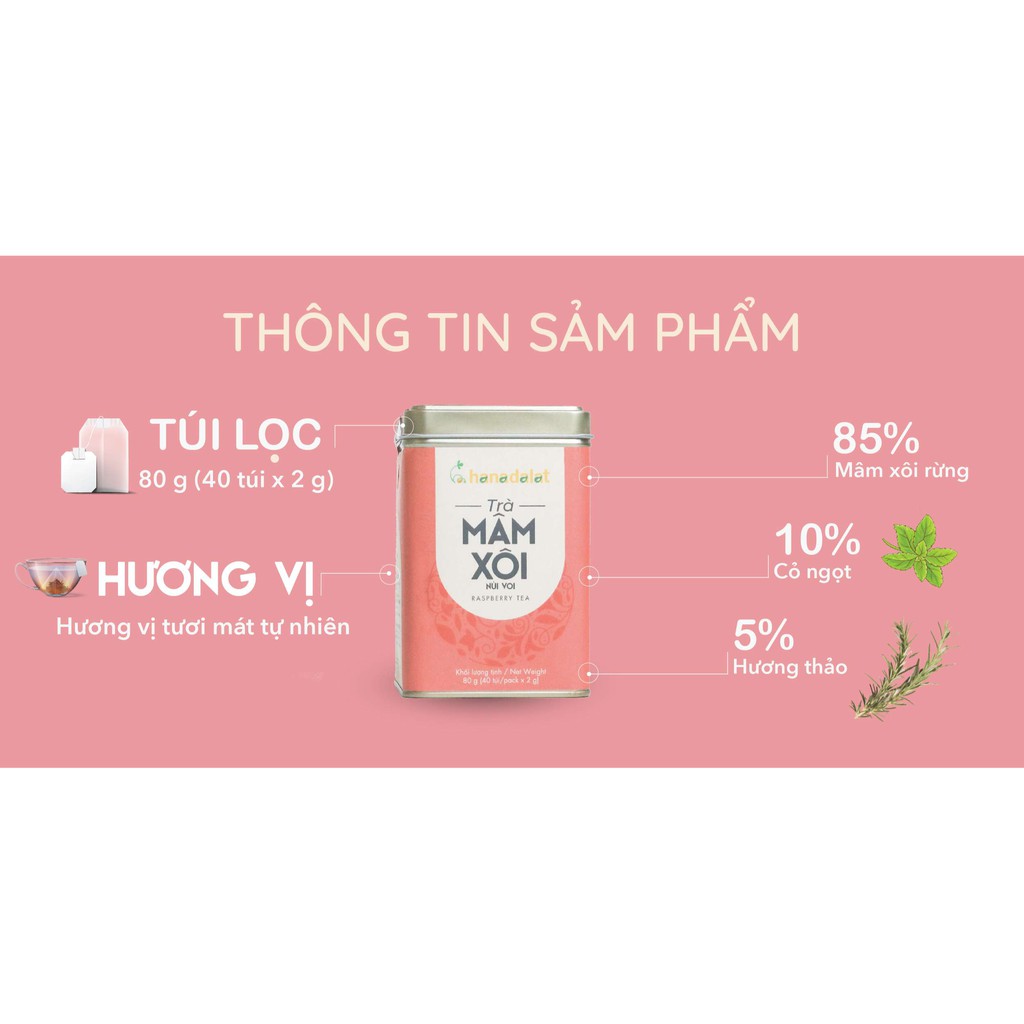 HanaDalat Trà Mâm Xôi đỏ - 80gr - lon thiếc - được chế biến từ lá và thân của cây mâm xôi mọc trong rừng nguyên sinh