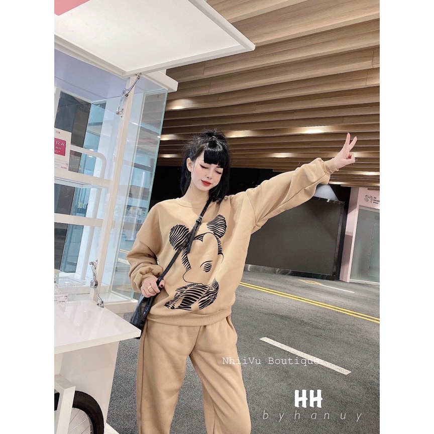 Sét Bộ Thun Gân Da Cá Tay Dài In Hình Chuột Mickey Thể Thao TTSA1472