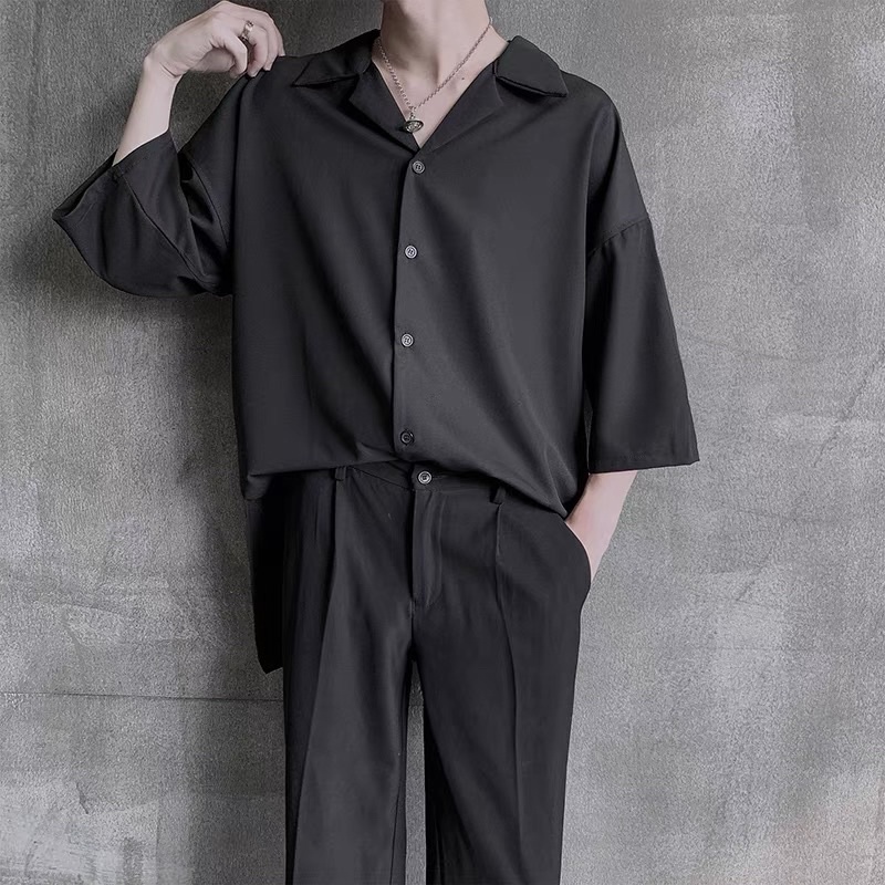 Áo sơ mi Trắng Đen Cổ Vest ngắn tay form rộng unisex nam nữ vải lụa