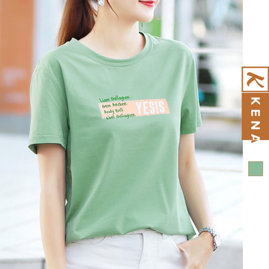 Áo thun nữ cổ tròn KENA tay ngắn in hoạ tiết đơn giản vải mềm mặc mát màu xanh cá tính dễ phối đồ - KAT-102