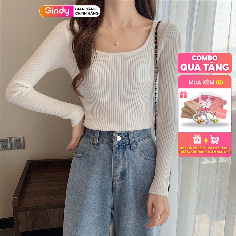 Áo len tăm nữ GINDY cổ vuông trơn dáng ôm dài tay co giãn thời trang thu đông A1102