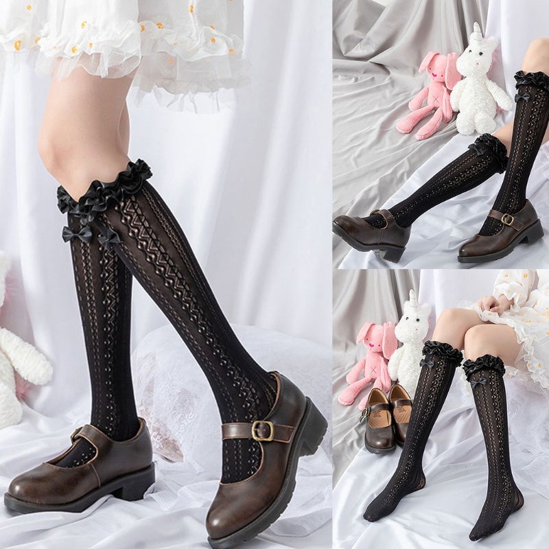 Vớ Dài Qua Gối Vải Satin Phối Nơ Phong Cách Lolita Dành Cho Nữ