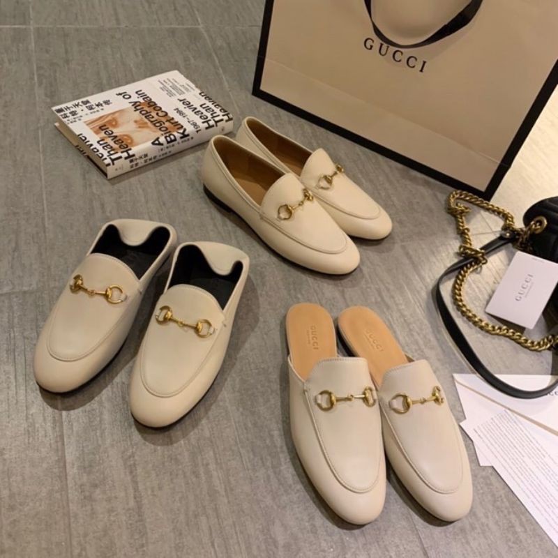 giày lười loafer nam nữ da thật mũi tròn gắn quai xích GG Gucci GC đủ size