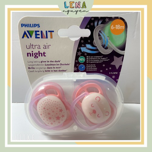 TI GIẢ PHÁT SÁNG𝑭𝑹𝑬𝑬𝑺𝑯𝑰𝑷 Núm vú giả Avent dạ quang, ti ngậm thông khí (ULTRA AIR NIGHT)