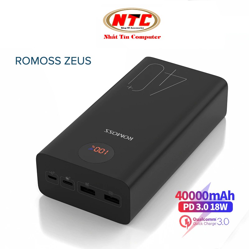 Pin dự phòng Romoss ZEUS 40+ dung lượng 40000mAh hỗ trợ sạc nhanh QC3.0 và sạc đảo chiều PD 18W (Đen)