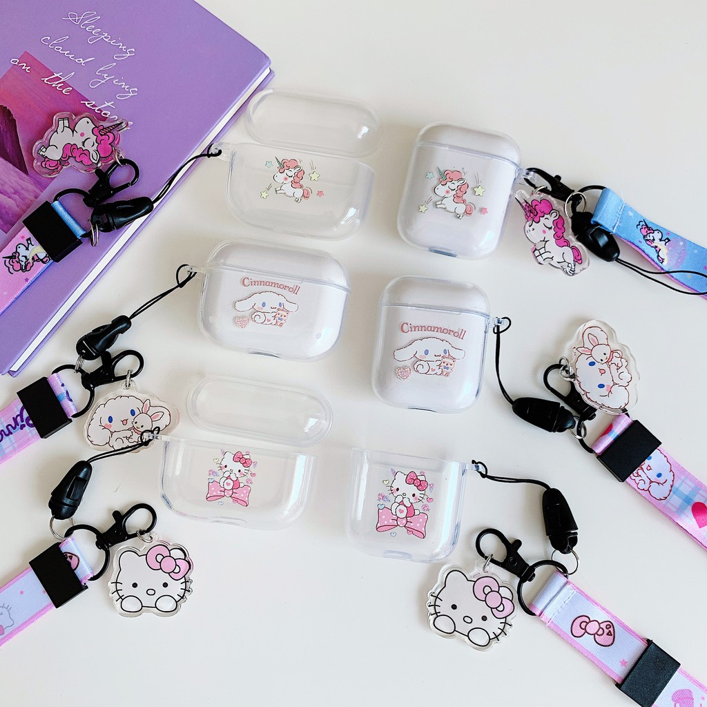 Vỏ Bảo Vệ Hộp Sạc Tai Nghe Airpods 1 / 2 / Pro Trong Suốt Họa Tiết Hello Kitty / Cinnamoroll Dễ Thương Kèm Dây Đeo