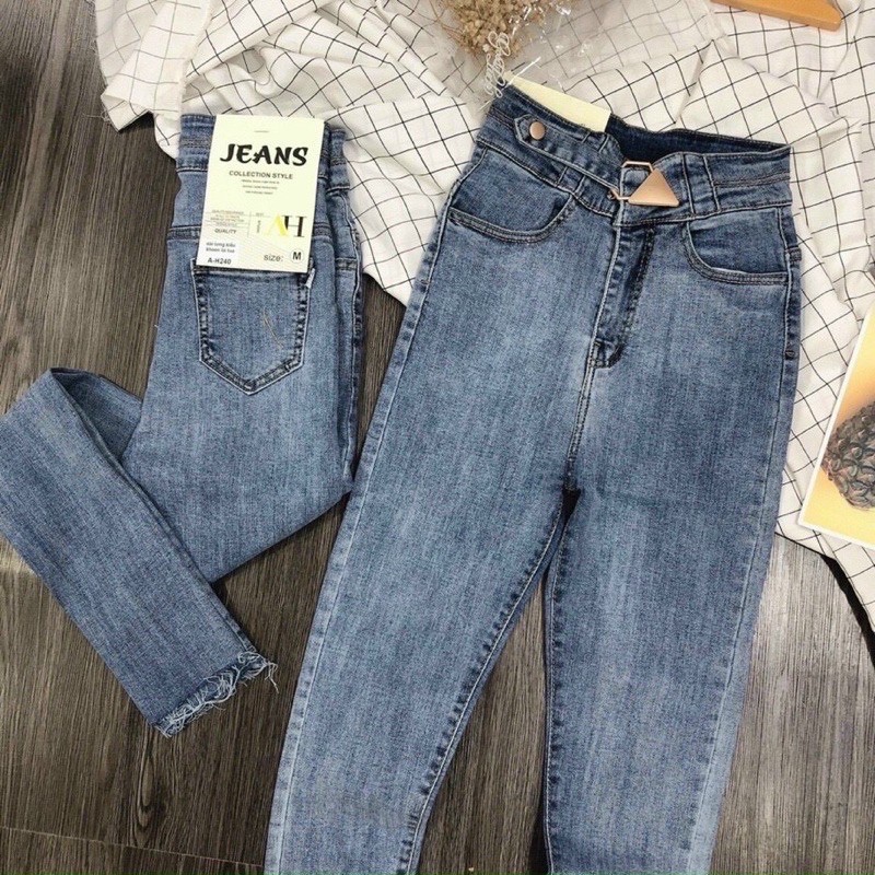 Quần bò ôm cạp cao khuy lệch | BigBuy360 - bigbuy360.vn