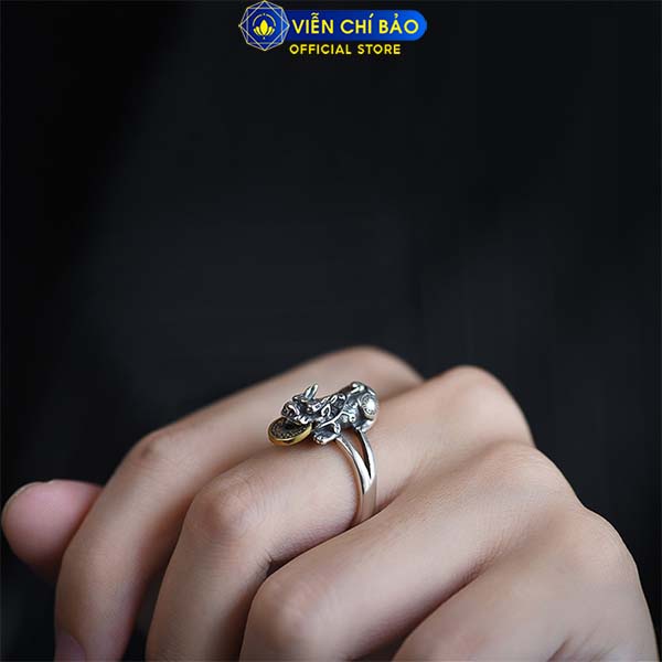 Nhẫn bạc nữ Tỳ Hưu Chiêu Tài ngậm đồng xu bạc Thái 925 thời trang phụ kiện trang sức nữ Viễn Chí Bảo N000517