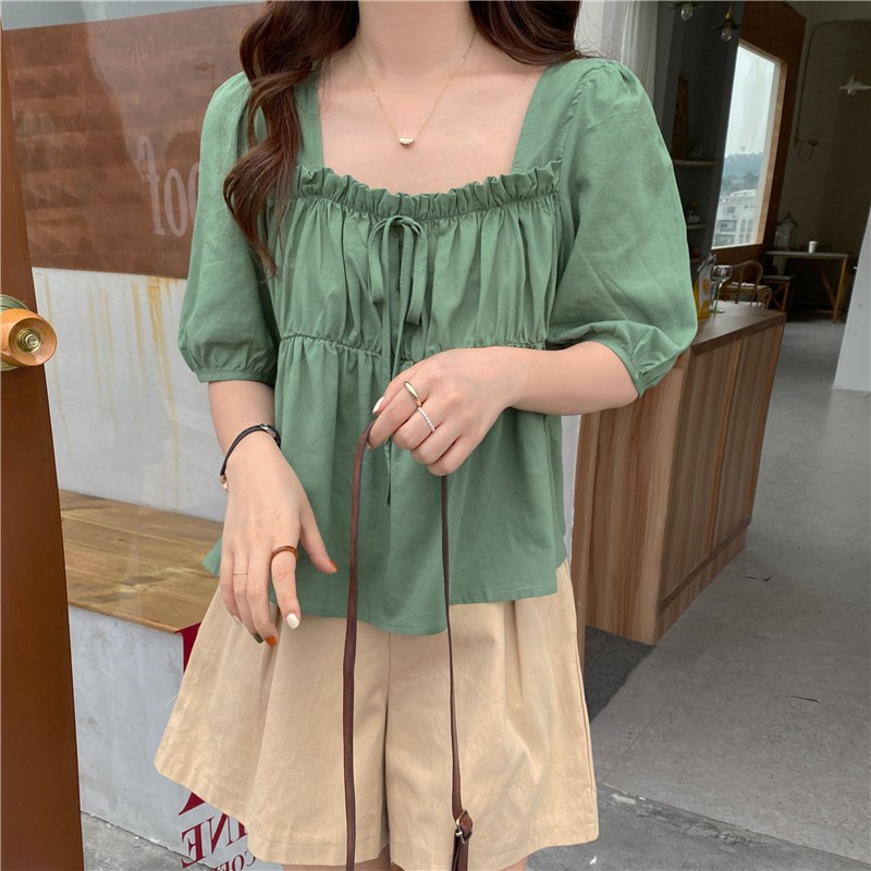 Áo kiểu nữ Thiết kế Retro Cổ vuông Tay bồng Lộ xương quai xanh Ulzzang Hàn Quốc Áo nữ kiểu Bánh bèo Búp bê Ngọt ngào | BigBuy360 - bigbuy360.vn