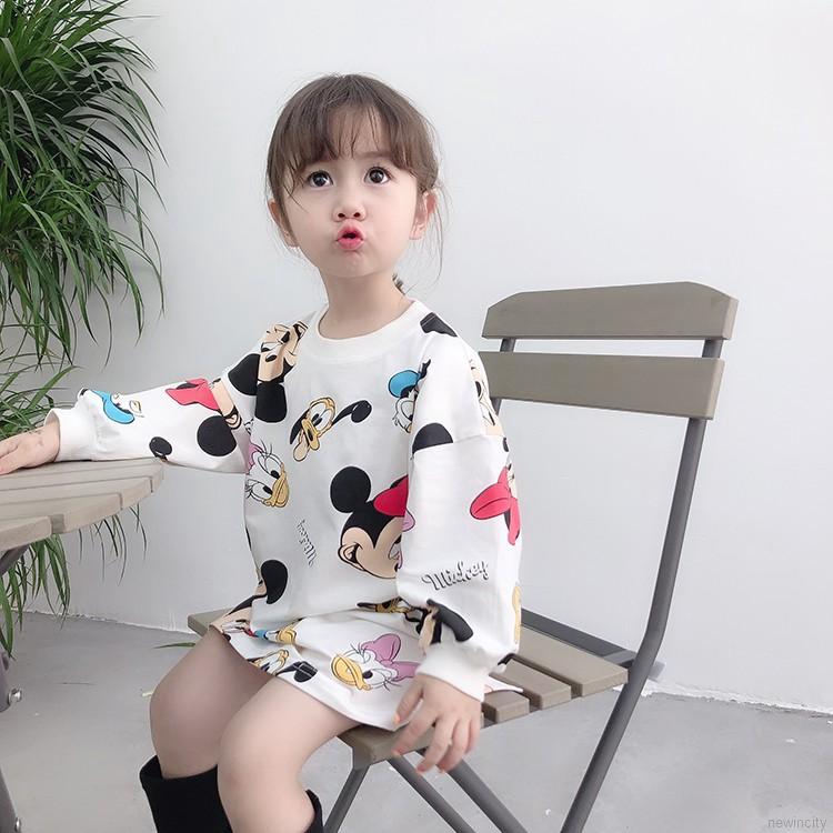 Đầm cotton tay dài in họa tiết Mickey cho bé gái
