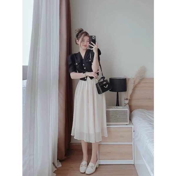 Sét váy thời trang nữ mặc đi chơi áo tiểu thư cotton lạnh kèm chân váy voan cao cấp