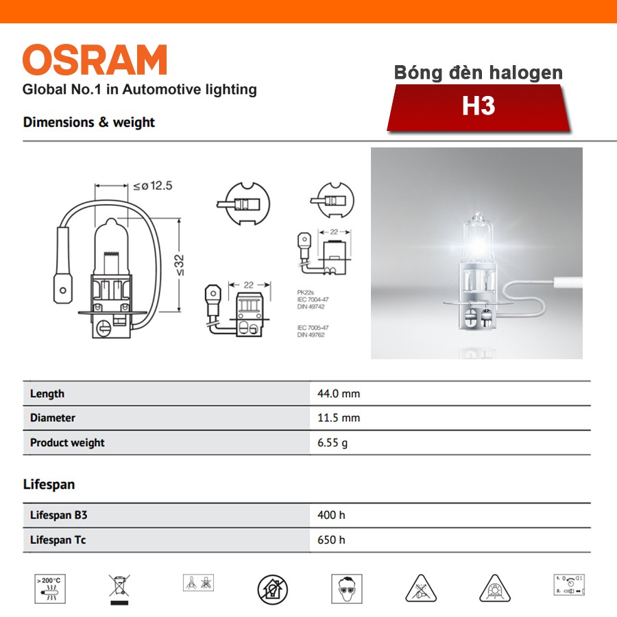 Bóng Đèn Halogen OSRAM Original H3 24V 70W Nhập Khẩu Chính Hãng