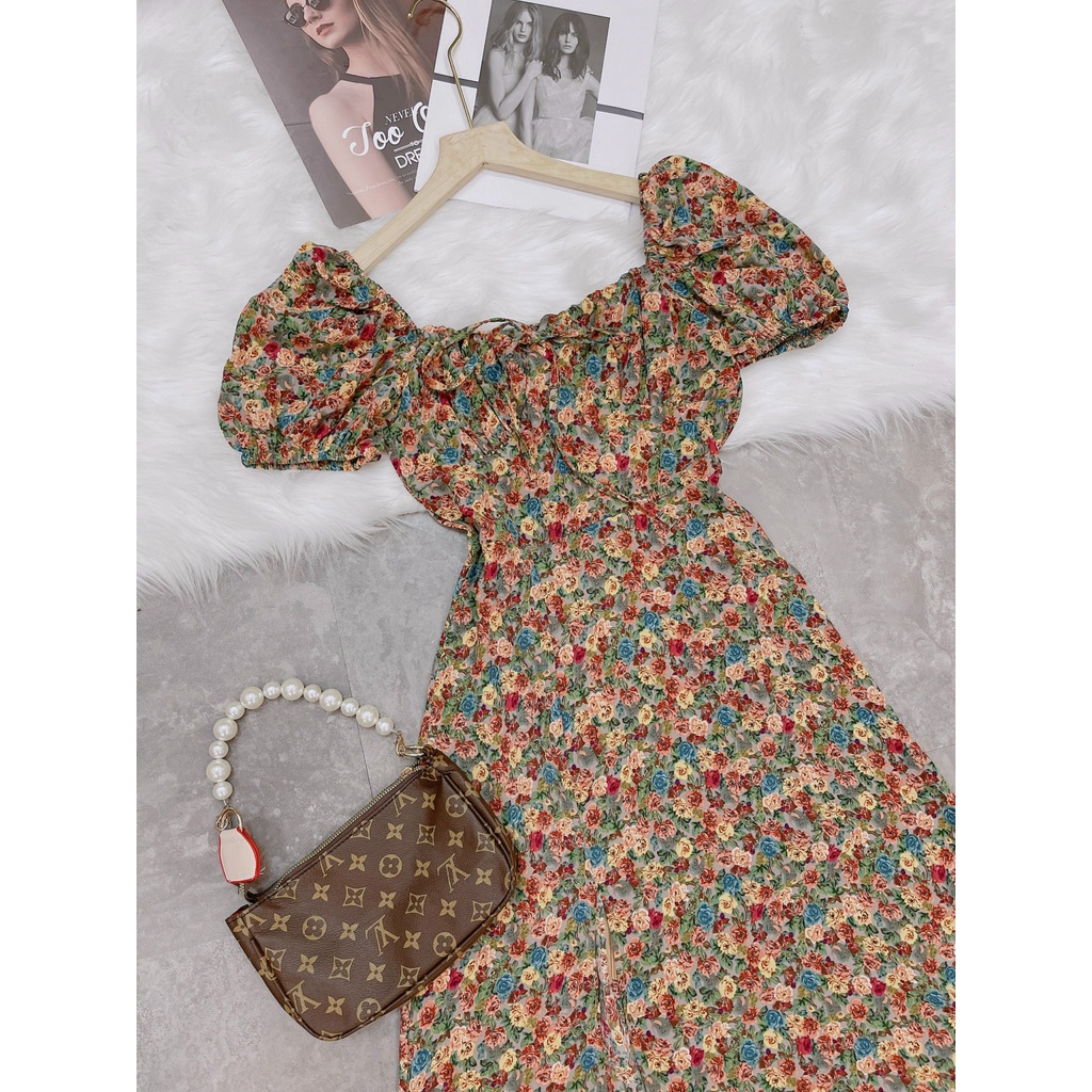 Váy đầm yếm hoa nhí vintage nhún ngực eo body cổ vuông hoặc trễ vai dáng maxi xẻ vạt sexy sang chảnh đi chơi chụp ảnh