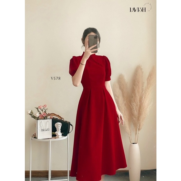 ĐẦM MIDI ĐỎ CỔ TÀU BO EO ❤️
