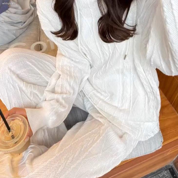 Honypove Set áo hoodie tay dài có mũ trùm đầu + quần ống rộng thời trang cho nữ