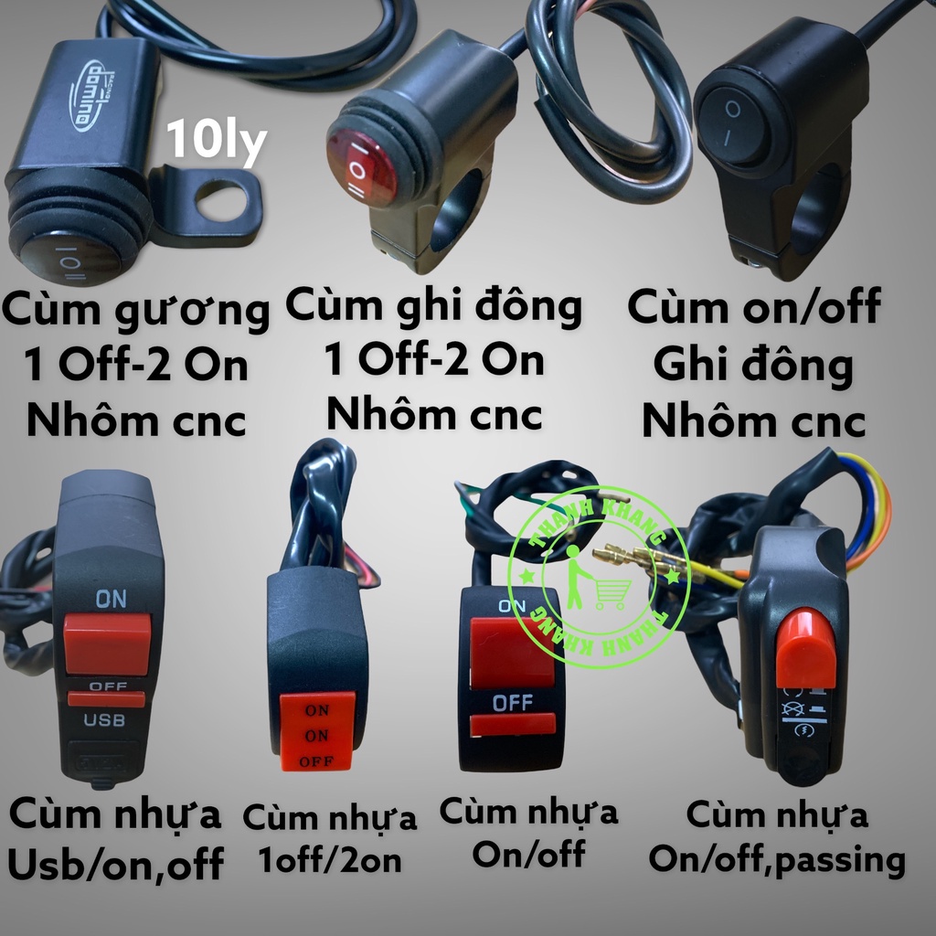 Công tắc passing đèn trợ sáng,cùm công tắc on off,usb,công tắc cnc có đủ loại chức năng cho các bạn lựa chọn thanh khang