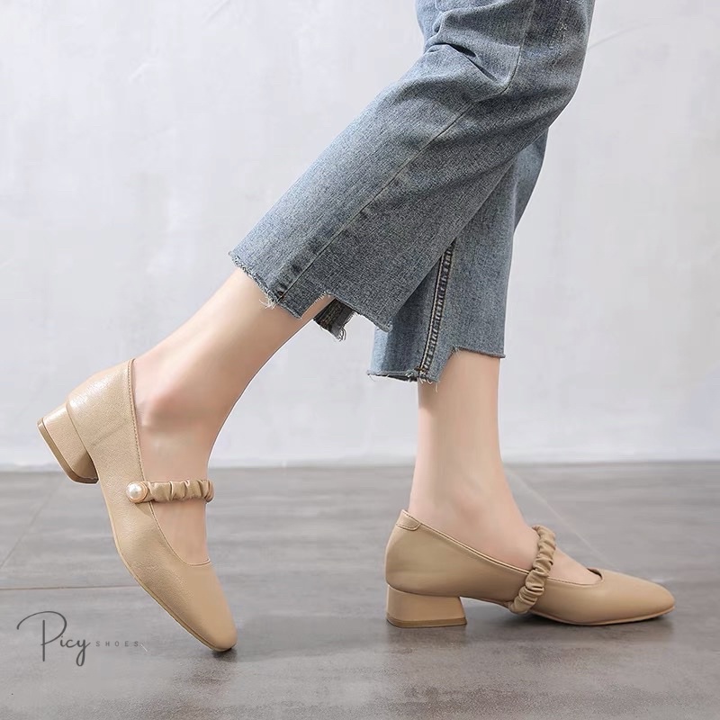 Giày búp bê Mary Jane quai nhún đính ngọc tiểu thư, gót vuông 3 phân da mềm êm chân _GBB01