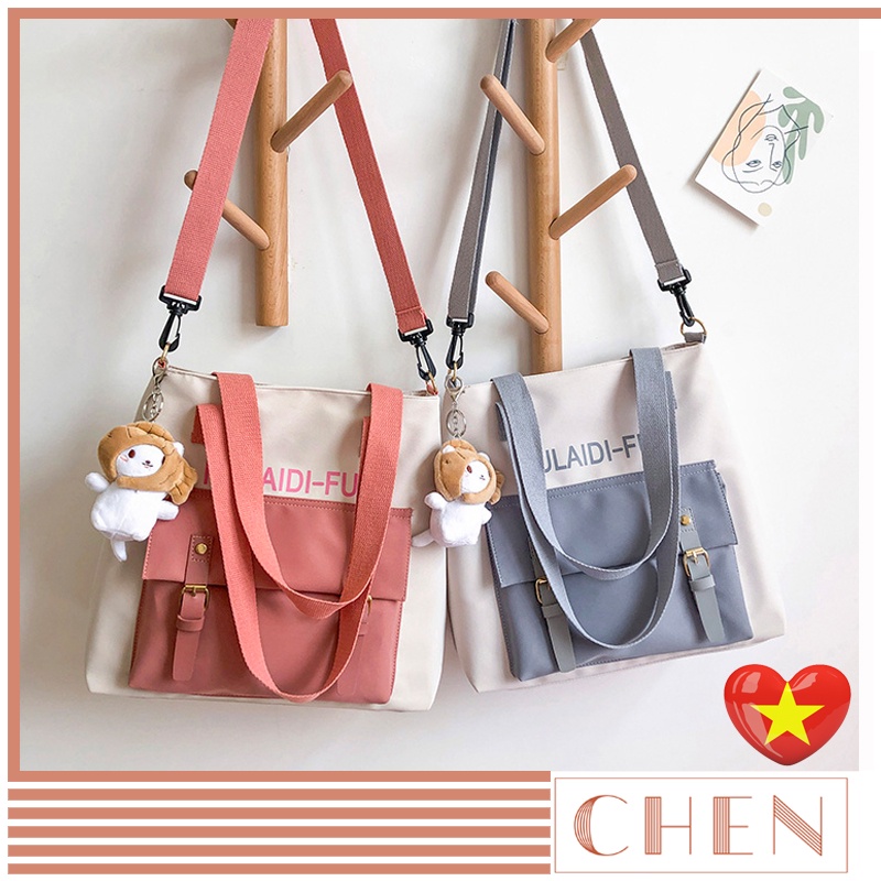 Túi đeo chéo đeo vai đi học thêm nữ CHEN vải canvas phong cách ulzzang kèm phụ kiện sticker đẹp TX73