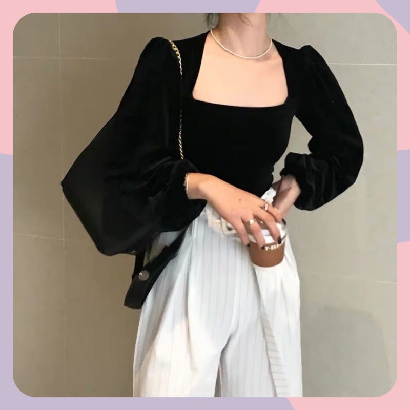 Áo cổ vuông tay bồng nhung đen WANAWEAR sang chảnh cổ điển vintage