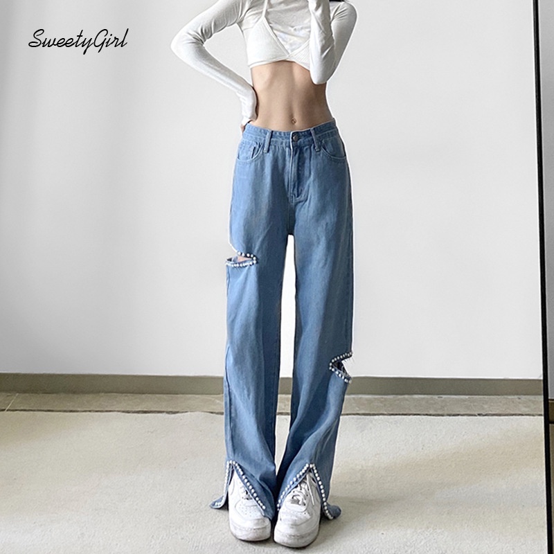 Quần Jeans Dài Lưng Cao Màu Sắc Trơn Đính Ngọc Trai Xinh Xắn Dành Cho Nữ