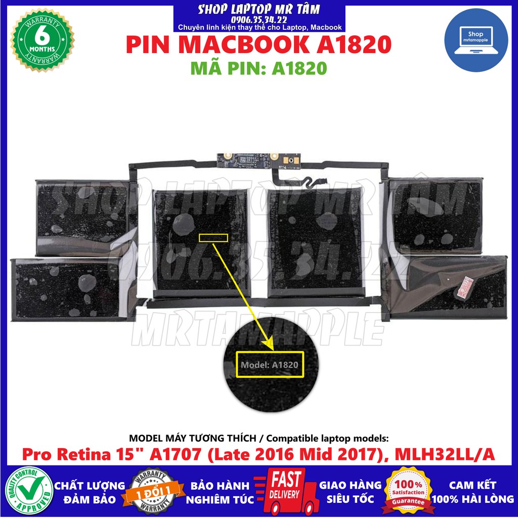 Pin MACBOOK A1820 (ZIN) - 6 CELL - Pro Retina 15&quot; A1707 A1820 (Late 2016 Mid 2017), MLH32LL/A