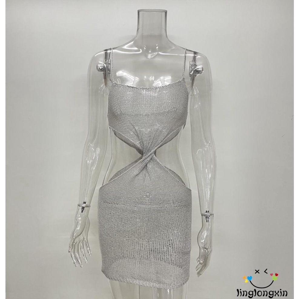 Linglongxi2 Đầm Dây Mini Hai Dây Ôm Eo Khoét Rỗng Không Tay Cho Nữ