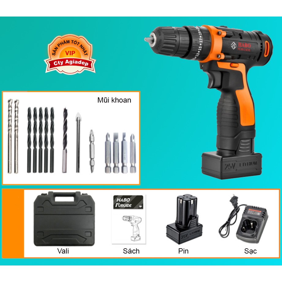 Máy bắt vít siêu xịn 25W 2 Pin Sạc Máy khoan cầm tay gia tốc cực mạnh + nhiều phụ kiện Vali