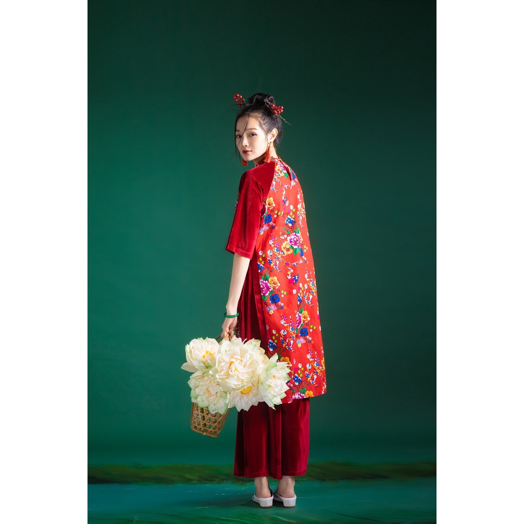 Set áo dài nhung chăn con công hoa đỏ SET125