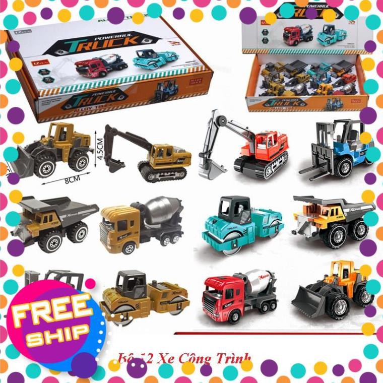 Đồ chơi trẻ em bộ 12 xe công trình mini xe ben xúc lật máy đào xe nâng xe lu xe bồn màu sắc đa dạng an toàn cho bé
