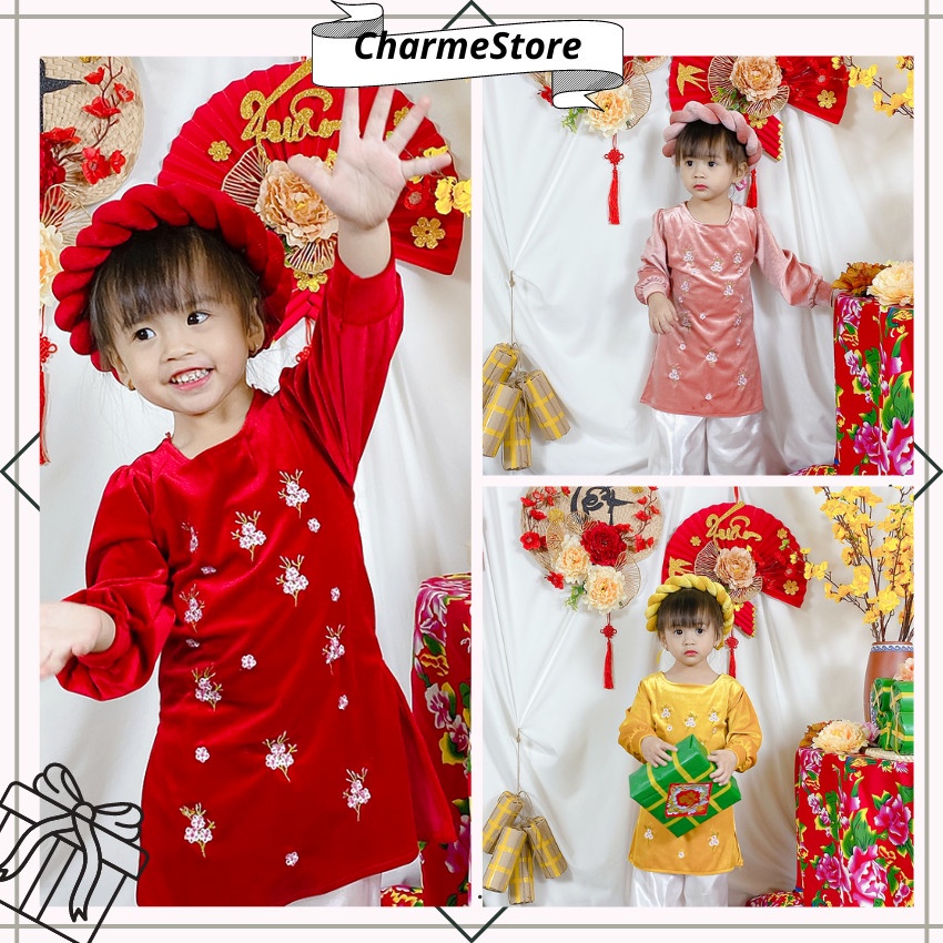 Set áo dài nhung thêu hoa kèm mấn cho bé gái CharmeStore, áo dài bé gái